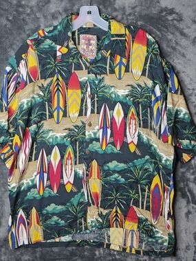 Vintage Uluwatu AOP Tropical Surfboard Print Button-Up Shirt Sz L.